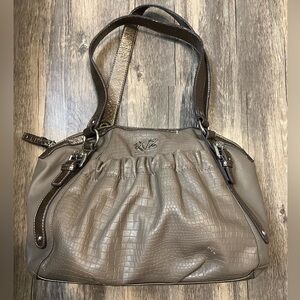 Kathy Van Zeeland Y2K Taupe Slouchy Shoulder Bag Croc Embossed Zippered Top